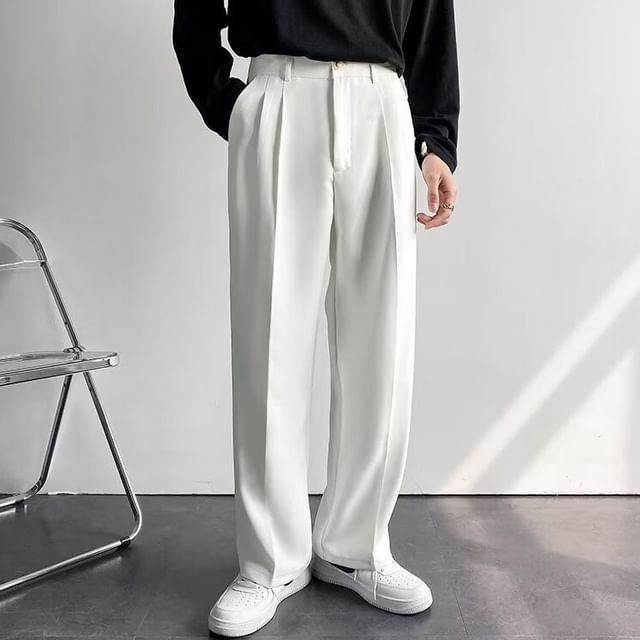 GRAYCIOUS-Mid Rise Plain Straight Leg Dress Pants