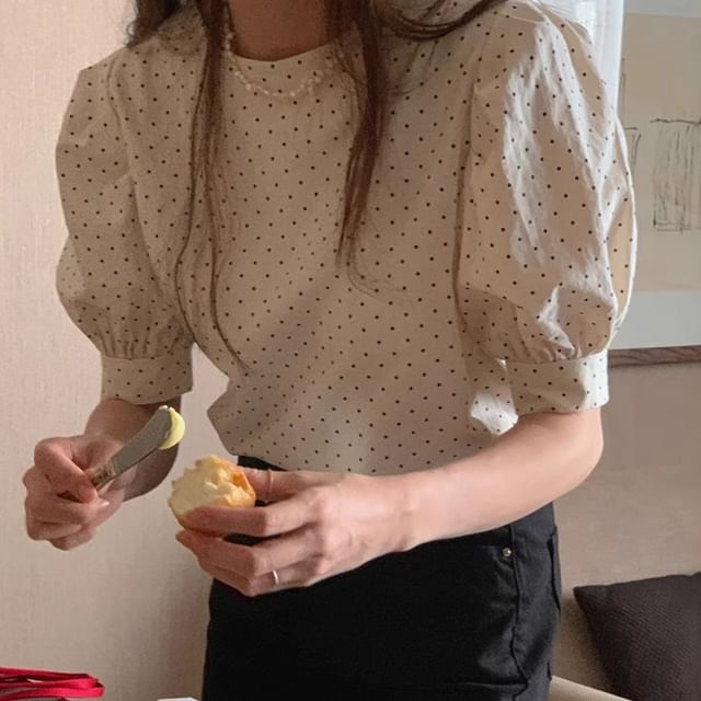MIKIGA-Puff-Sleeve Crew Neck Dotted Button-Up Blouse