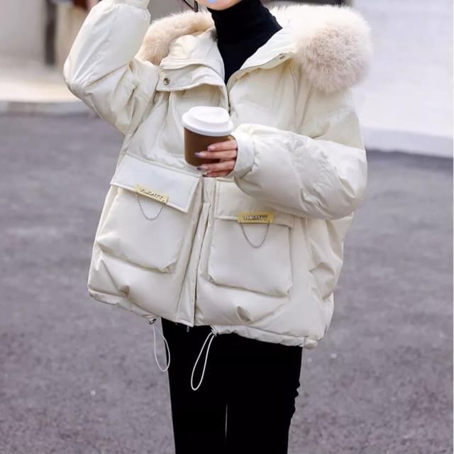 Sienne-Fluffy Hood Padded Drawstring Zip Jacket