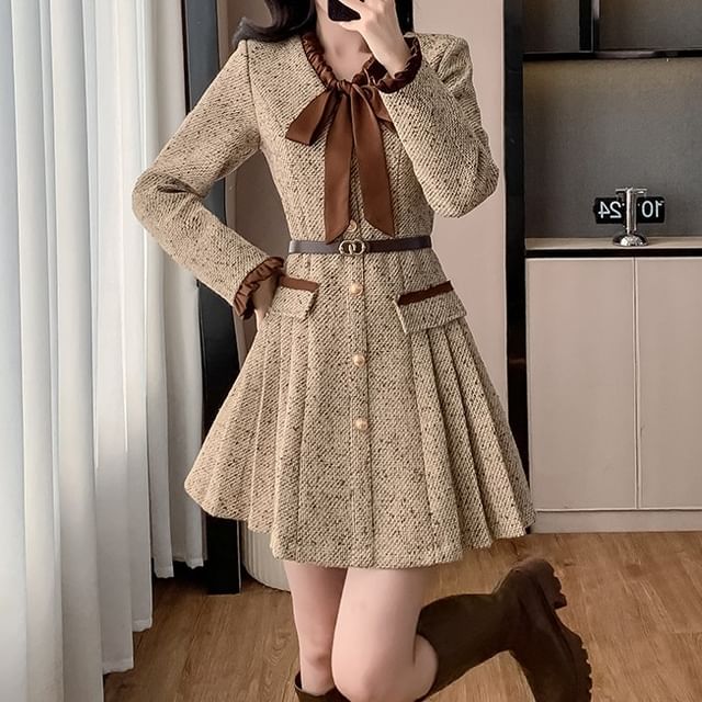 open lace back dress Thick Tweed Warm Long Sleeve Pleated Mini Dress Picture Color / XL