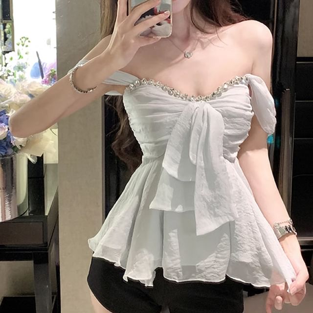 INEN-Off Shoulder Rhinestone Plain Tie Front Camisole Top
