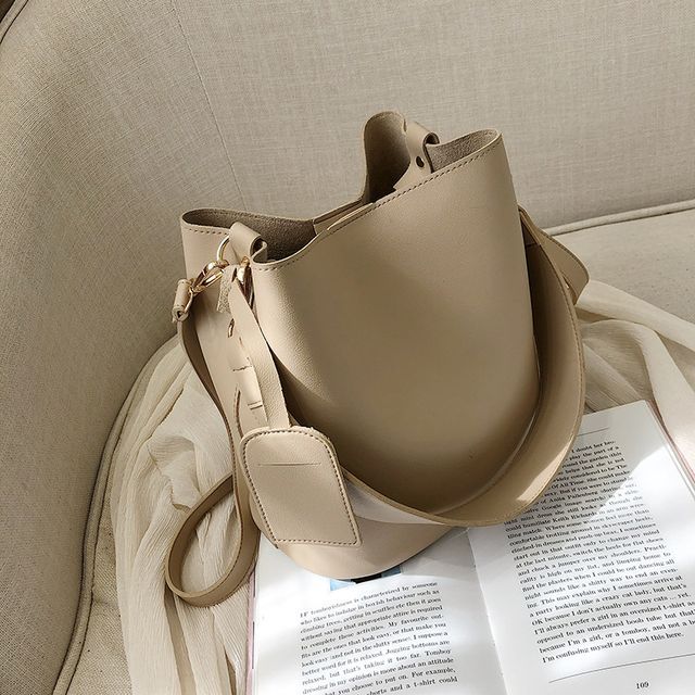HOVERUP-Plain Faux Leather Bucket Bag