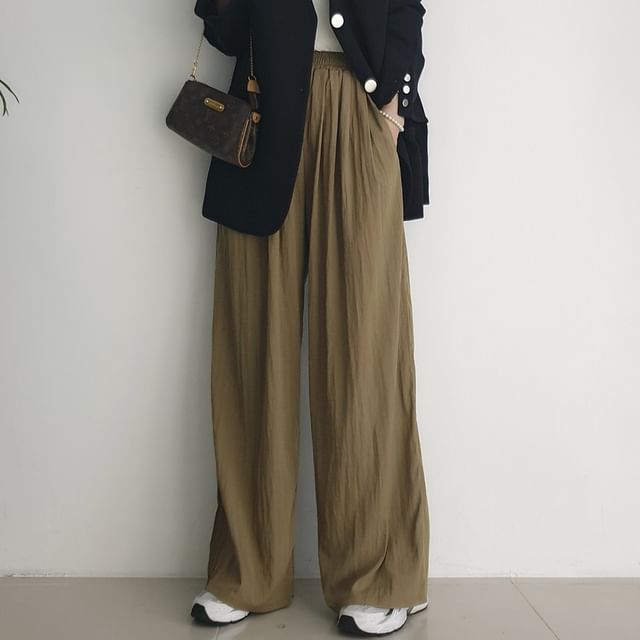 Jesong-Elastic Waist Plain Wide Leg Pants