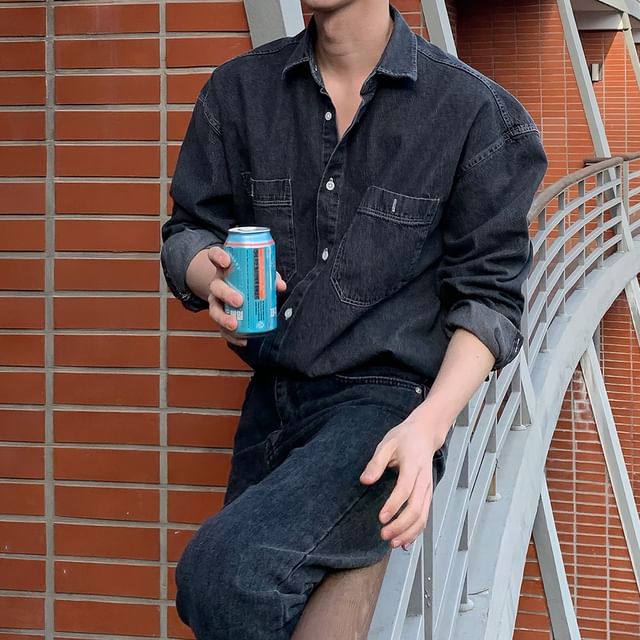 Okwano-Long Sleeve Collared Washed Denim Shirt