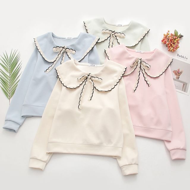 DIYI-Collared Tie Neck Contrast Trim Sweatshirt