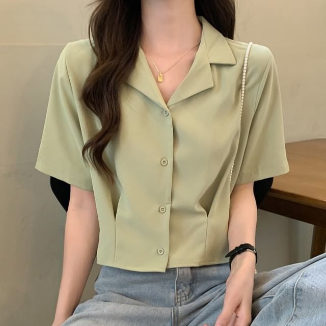 Sisyphi-Short Sleeve Lapel Neck Plain Crop Shirt