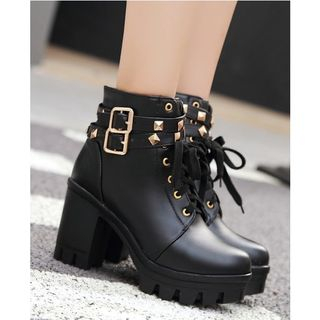 Freesia-Studded Lace-Up Chunky-Heel Short Boots