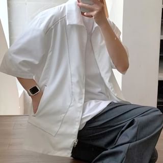 Urtishia-Elbow-Sleeve Plain Zip-Up Shirt