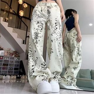 Everose-Mid Waist Leopard Print Wide Leg Jeans