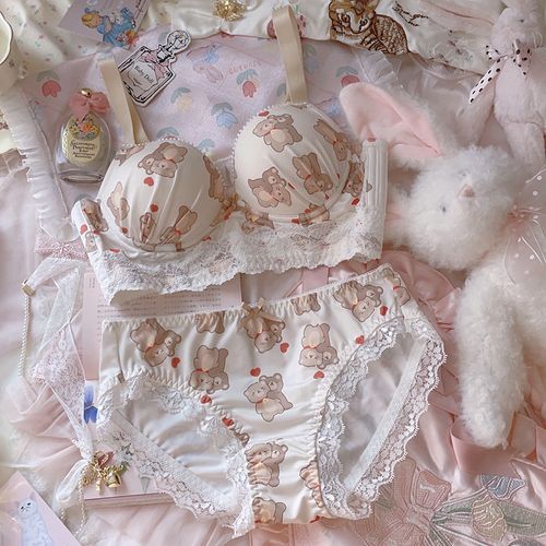 Prinsis - Lace Trim Bear Print Bra / Panties / Set