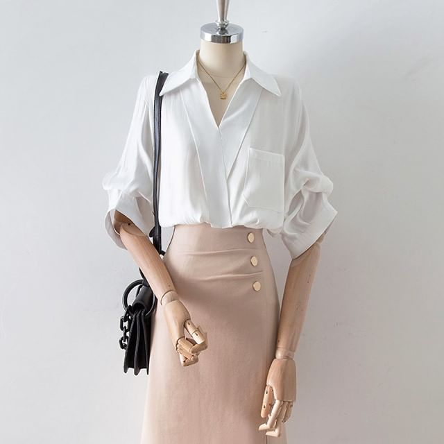 Cossita-34 Sleeve V-Neck Plain Blouse