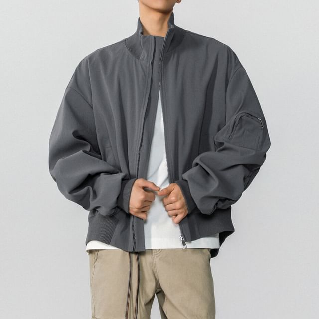 Omozando-Stand Collar Plain Zip Jacket