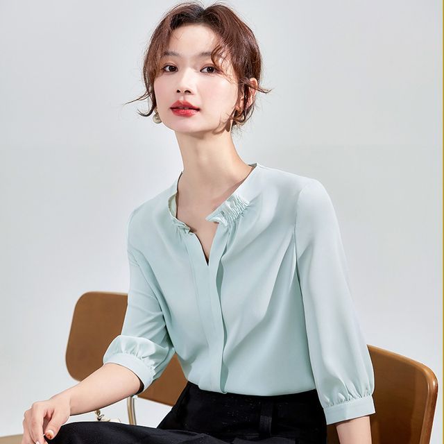 Skyheart - 3/4-Sleeve V-Neck Plain Blouse | YesStyle