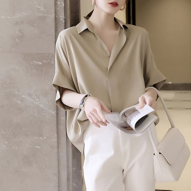 HYAKU-Short Sleeve V-Neck Plain Loose Blouse