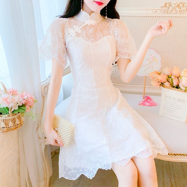Moregirl - Short-Sleeve Mandarin Collar Lace Mini A-Line Dress | YesStyle