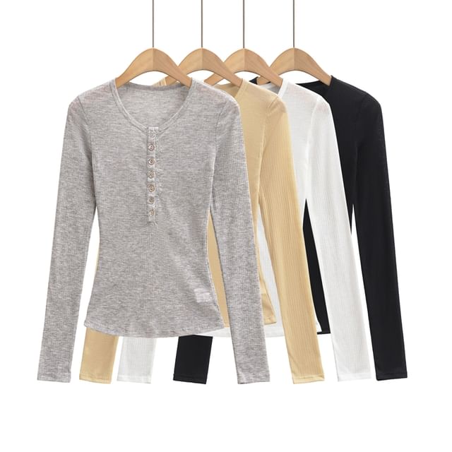 Ulark-Long-Sleeve Half Buttoned Plain Top