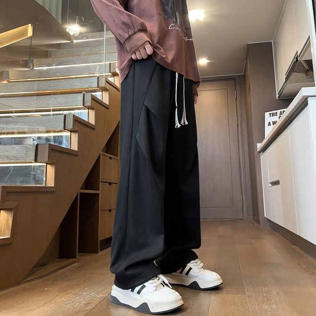 POSI-Drawstring Waist Plain Wide Leg Pants