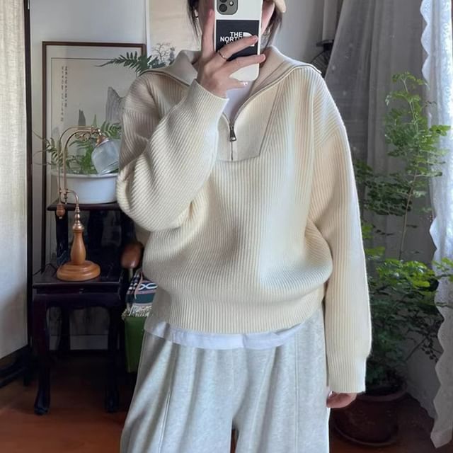 FR-Half Zip Collared Neck Ribbed Knit Top