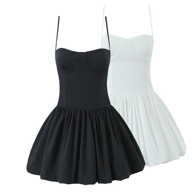 Osion - Spaghetti Strap Plain Mini A-Line Balloon Dress | YesStyle