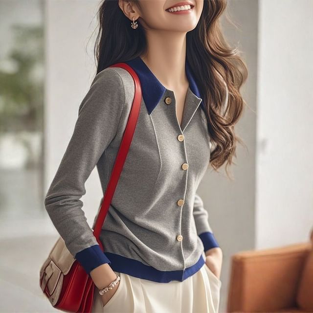 Dragan Pulse-Collared Contrast Trim Button-Up Cardigan