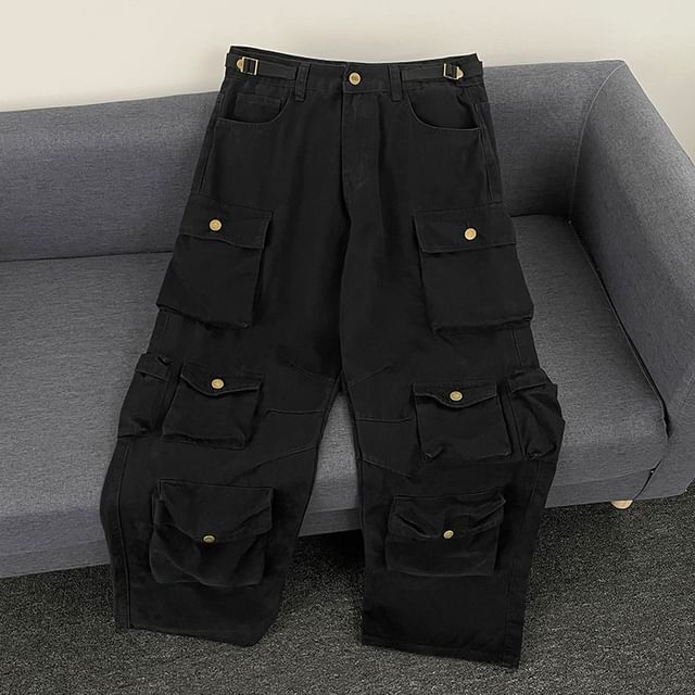 Whyessa-Mid Rise Plain Wide Leg Cargo Pants