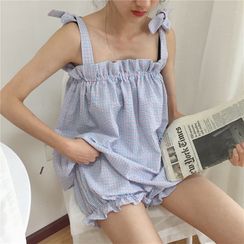Moon City - Plaid Pajama Set: Ruffle-Trim Tie-Shoulder Tank + Bloomers Moon City - Plaid Pajama Set: Ruffle-Trim Tie-Shoulder Tank + Bloomers
