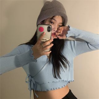 OGAWA Wrap- Front Ribbed Crop Top YesStyle