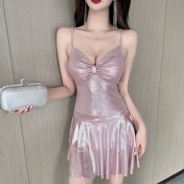 Magma-Spaghetti Strap V-Neck Metallic Ruched Open Back Mini A-Line Dress