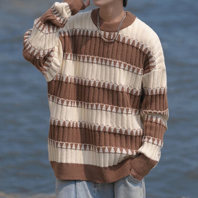 Phoneus-Crew Neck Drop Shoulder Striped Oversized Sweater