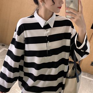 striped long sleeve collared shirt