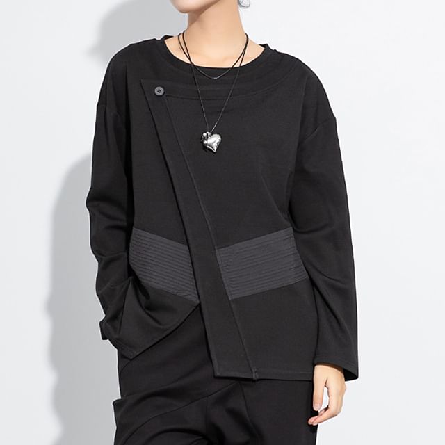 KUMI-Long Sleeve Crew Neck Plain Panel Pintuck Top