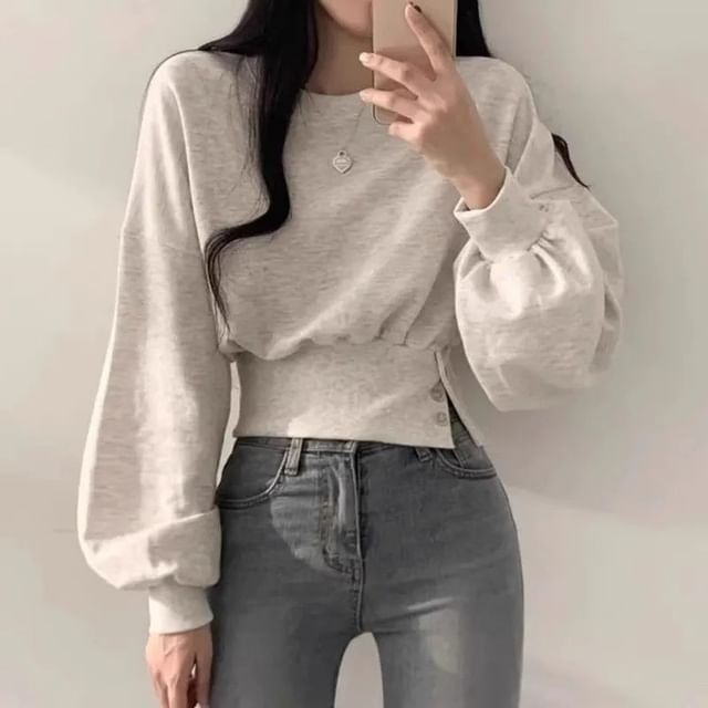 Hevnir-Round Neck Melange Asymmetrical Button Cropped Pullover