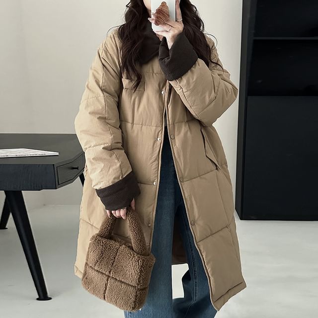 Sienne-Collared Panel Corduroy Midi Button Puffer Coat