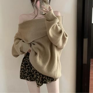 Beem-Off-Shoulder Plain Ribbed Sweater High Waist Leopard Print Wide Leg Shorts