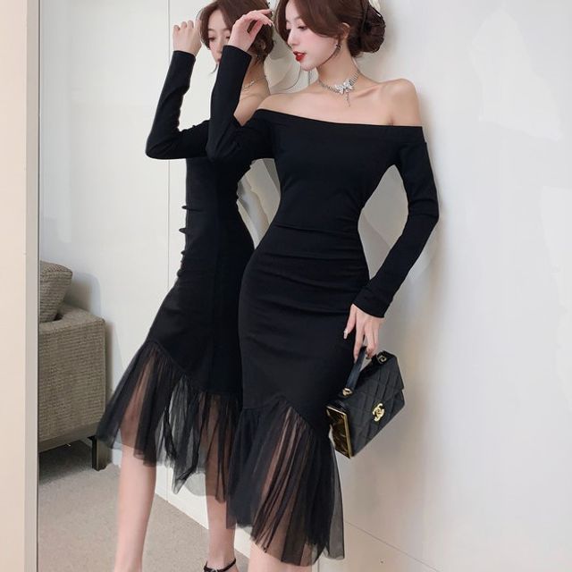 Princess Road - Long-Sleeve Off Shoulder Mesh Hem Mermaid Midi Dress |  YesStyle