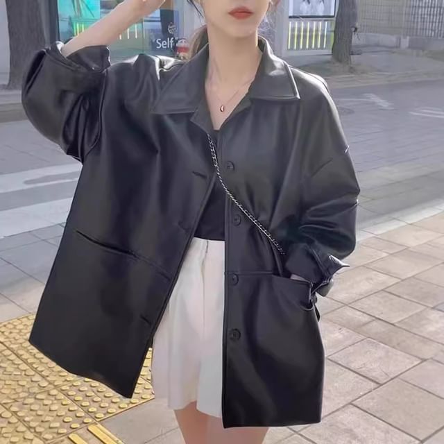 MIKIGA-Plain Faux Leather Single-Breasted Jacket