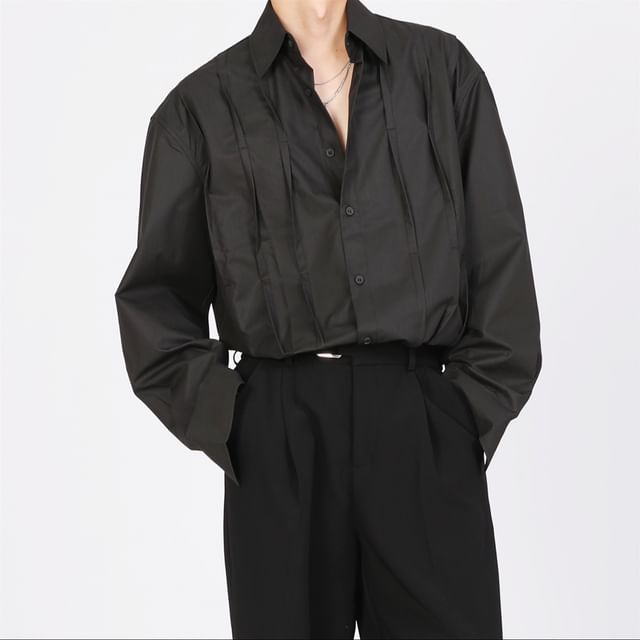 Urtishia-Long-Sleeve Plain Pintuck Button-Up Shirt