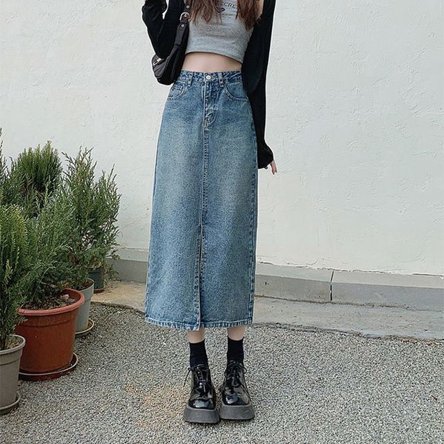 Everose-Front-Slit Denim Midi Pencil Skirt
