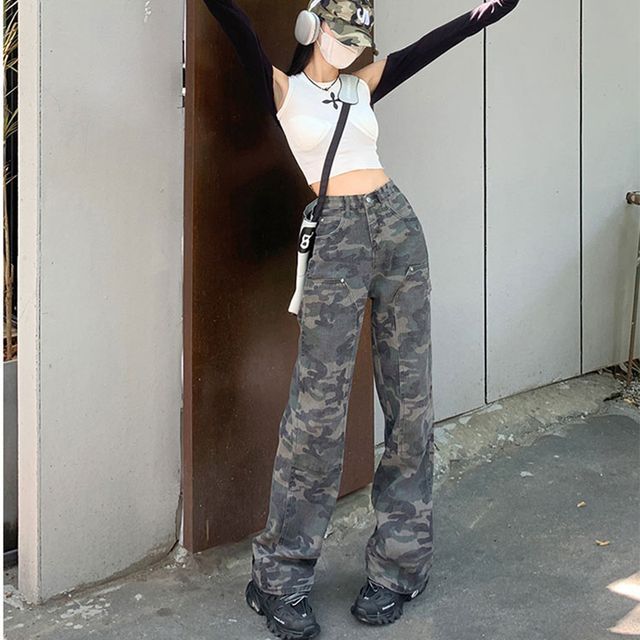 Everose-High Waist Camo Wide Leg Pants
