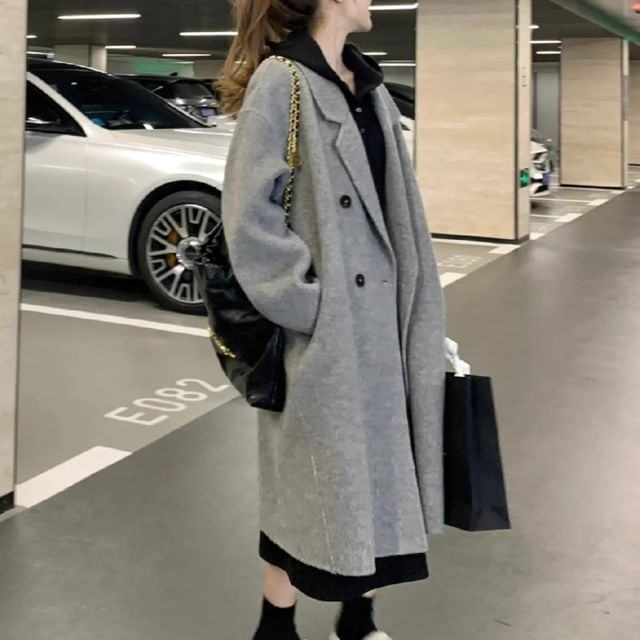Shinsei-Collared Plain Midi Double Breasted Coat