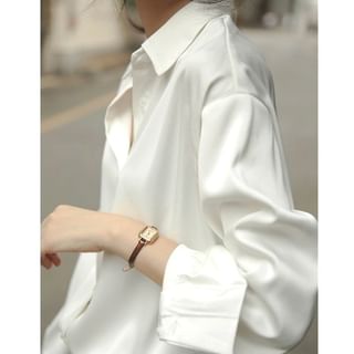 Lewwe-Long-Sleeve Plain Button-Up Satin Shirt
