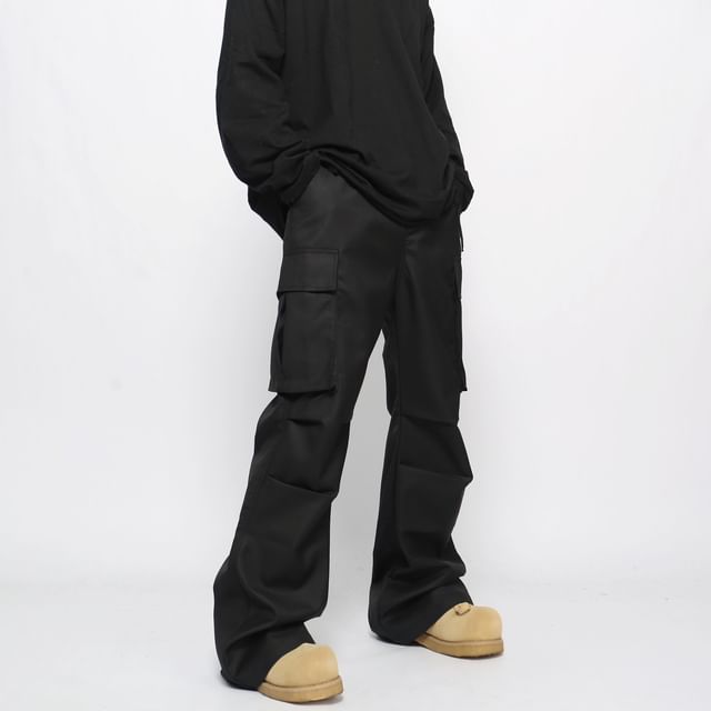 Derbundy-Mid Rise Plain Wide Leg Cargo Pants