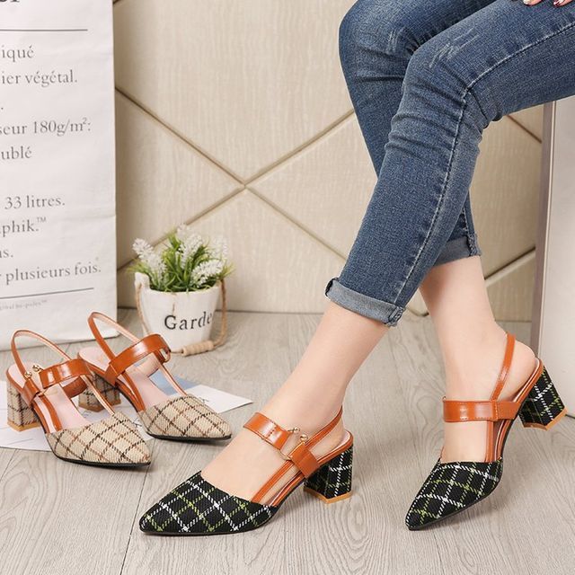 Asterisk-Plaid Chunky Heel Sandals