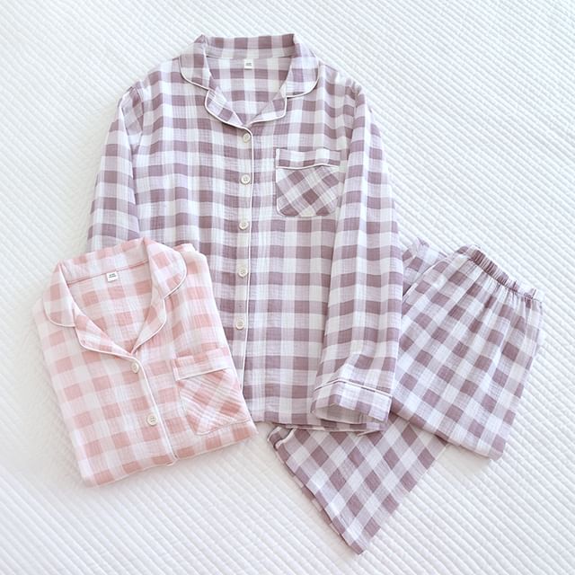 Dazzli-Pajama Set Gingham Button-Up Shirt Pants