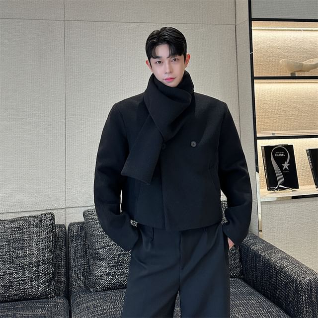 ravewider-Stand Collar Plain Double-Breasted Jacket