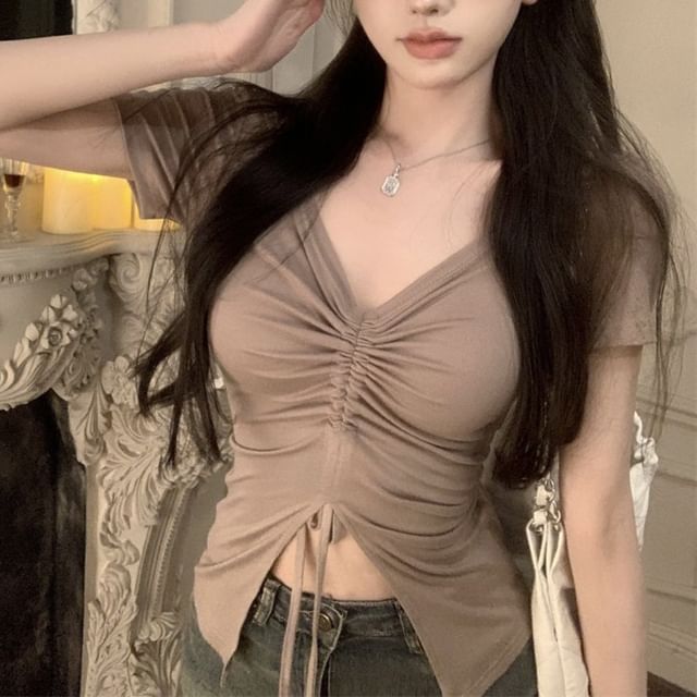 Hevnir-Short-Sleeve V-Neck Plain Drawstring Ruched Slit Slim Fit Crop T-Shirt