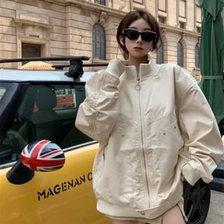Porstina-Stand Collar Plain Zip Jacket