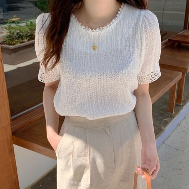 Everose-Short-Sleeve Lace Trim Blouse