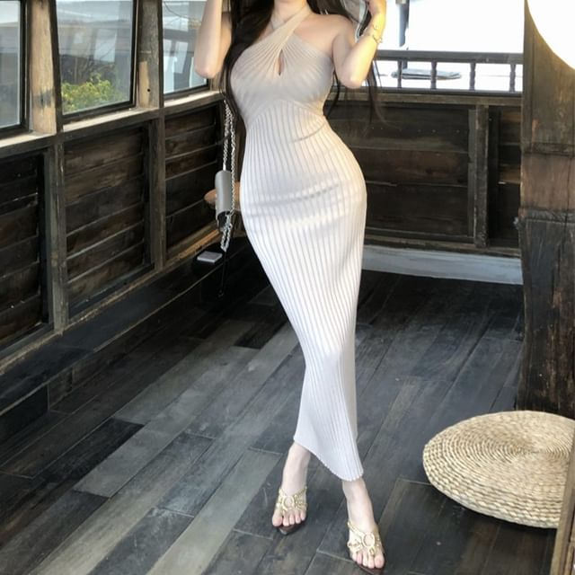Yako-Halter Plain Ribbed Midi Sheath Knit Dress