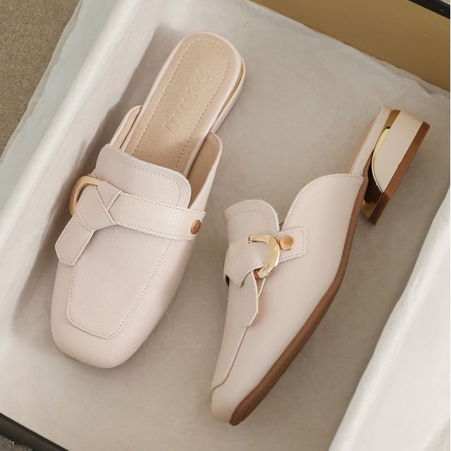 Anran-Square Toe Buckled Chunky Heel Loafer Mules